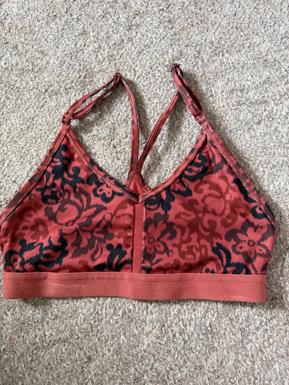 Nike Rust Red and Black Floral-Print Sports Bra